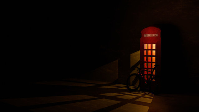 Red telephone booth illuminated in the night with a bicycle (3D Rendering) - Powered by Adobe