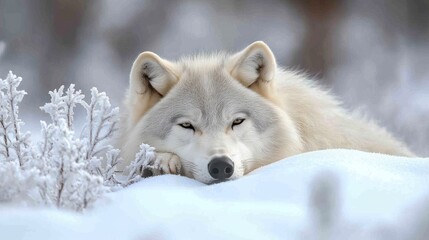 Obraz premium Arctic wolf resting snowy winter forest