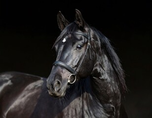 Fototapeta premium Black horse portrait against dark background