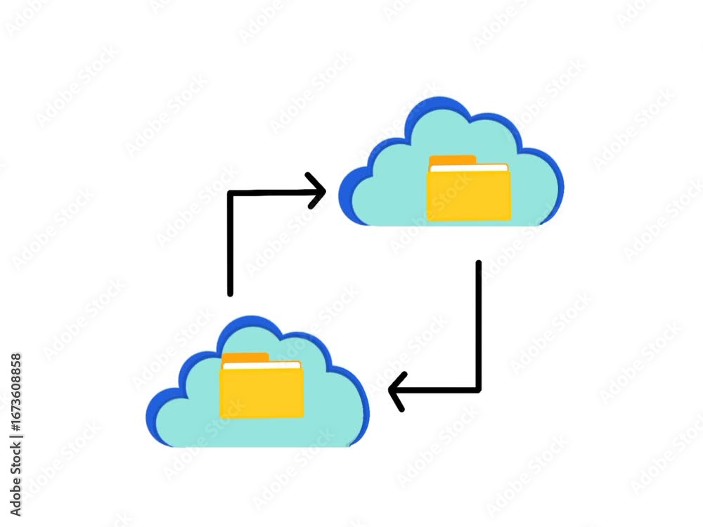 Poster cloud data transfer animation. document folder moving between cloud storage. digital file sharing co