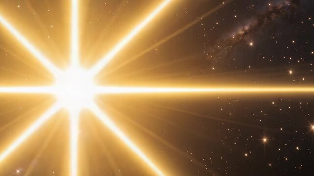 Radiant golden starburst shining brightly in deep outer space with glowing cosmic rays illuminating galaxies and scattered starlight