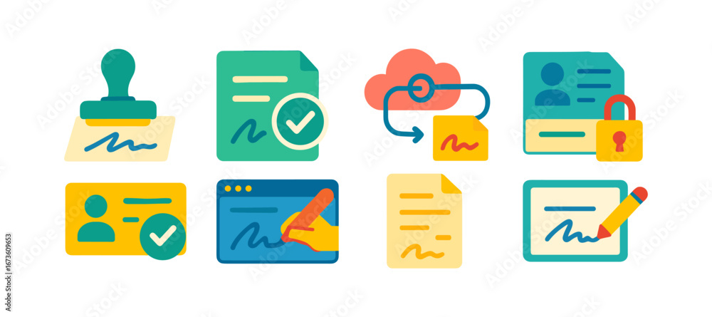 Poster digital signature flat icon set: authentication, document verification, cloud security