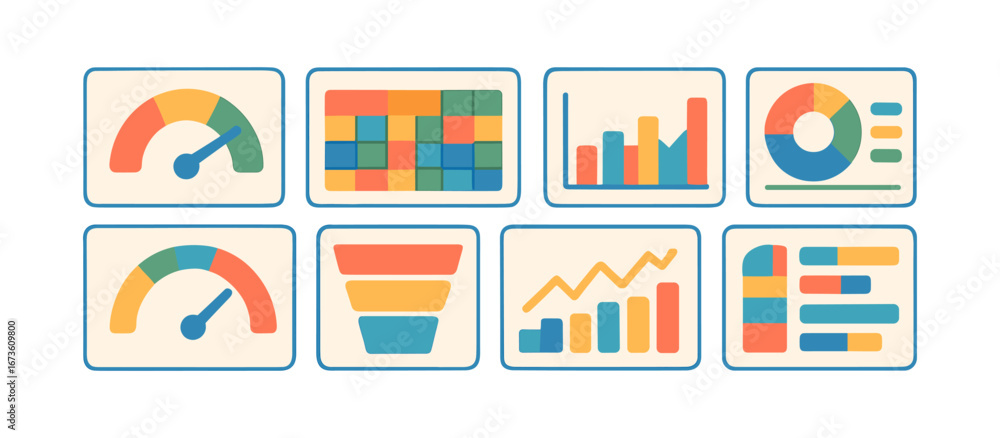 Poster data analytics, chart linear icon set. infographics, metrics visualization icons