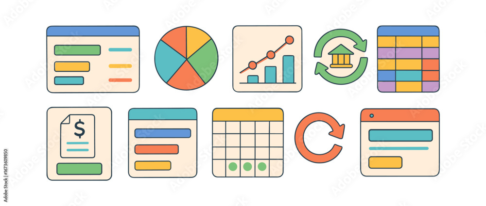 Aufkleber Data and analytics flat icon set. charts, graphs, and data visualization icons outlined