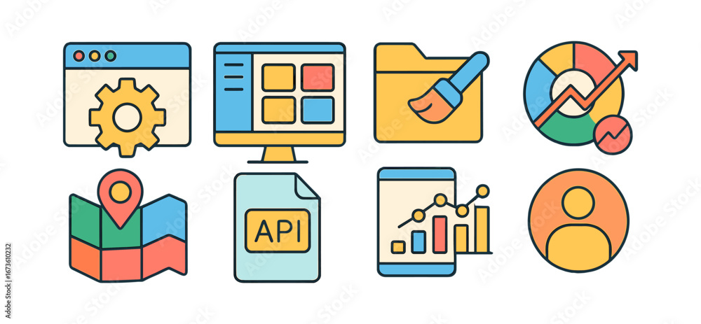 Poster technology and business flat icon set: digital solutions, data visualization icons
