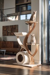 A cat sitting on top of a wooden cat tower