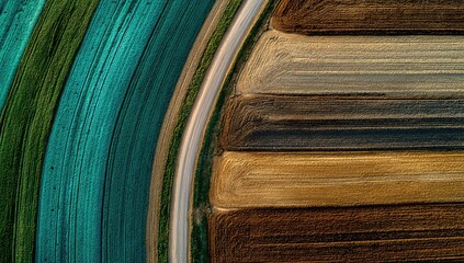 Aerial view of curved farm fields, various colors and textures