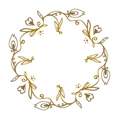 Golden vector wreath with decorative tulips and hearts. Round, simple style, doodle.