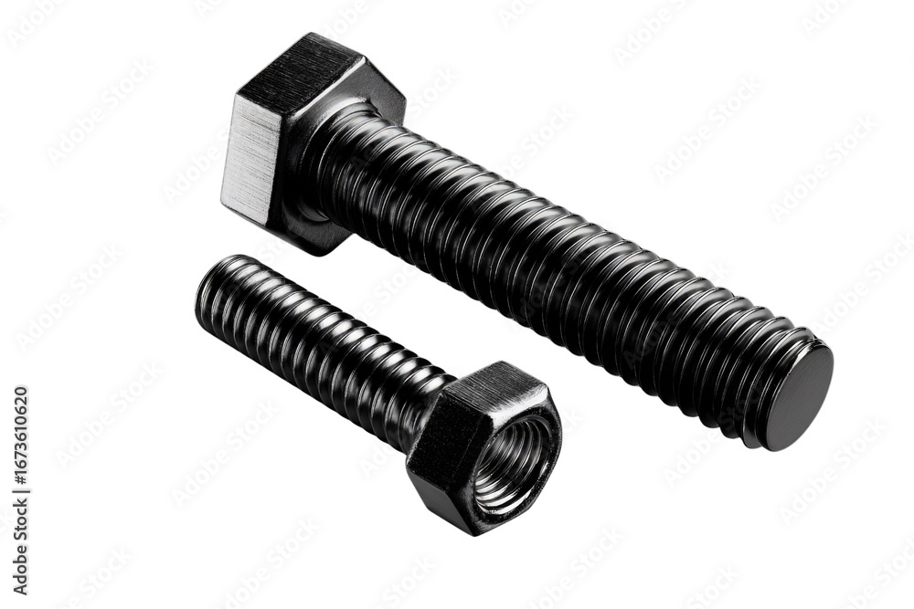 Poster two metallic bolts with hexagonal nuts, isolated on transparent background. high-quality image. back