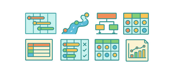 Project management flat icon set. task, workflow, planning, schedule, chart icons collection