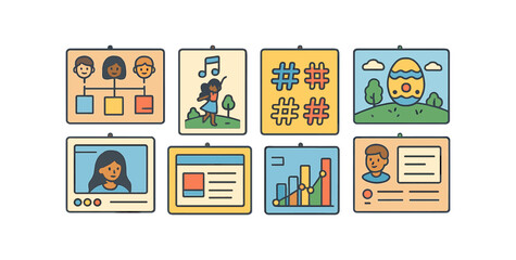 Social media flat icon set. hashtags, analytics, profiles, trend, viral icons collection