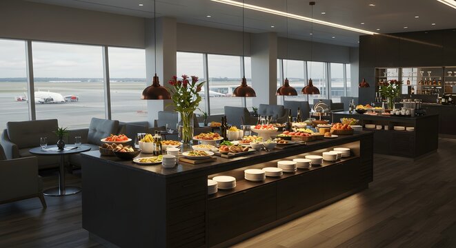 Modern airport lounge with buffet and panoramic window views of the tarmac.