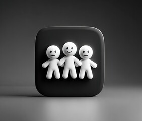 Three simple, smiling figures linked, on black square icon