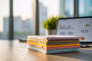 Documents and laptop on desk illustrate legal efficiency in bankruptcy cases, legal organization highlighted by daylight, legal visuals suit law firm websites