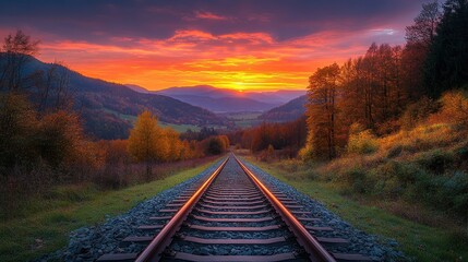 Fototapeta premium Autumnal sunset over mountain railway tracks