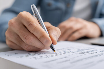 Essential documents for vacation rental: identity verification, signed contract, and deposit proof. Close view of hands completing rental paperwork. Real estate and housing agreement form