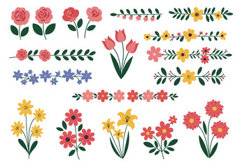 Set of botanical plant with flowers flat style art element design