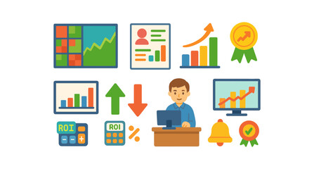 Business and finance flat icon set with analytics, charts, and growth symbols