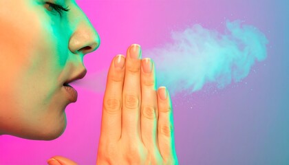 Close-up of a woman exhaling colorful mist