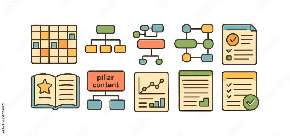 Poster flowchart, workflow outline icon set. process, diagram icons outline collection