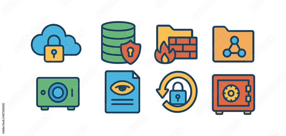 Poster security and data protection flat icon set. firewall, cloud, and lock icons collection