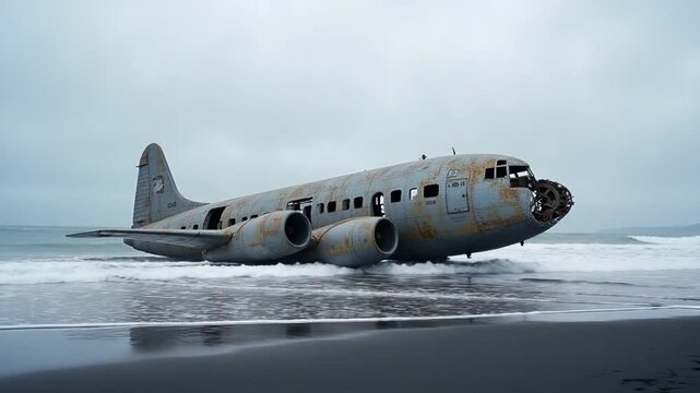 old broken plane on the beach of Iceland