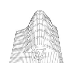 Modern Office Building Line Art. Contemporary Architecture Skyscraper Vector Illustration, Outline Perspective Drawing.
