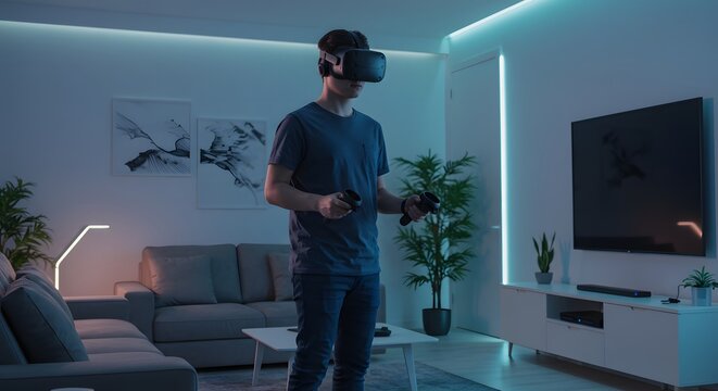 A young man standing in a modern living room wearing a virtual reality headset, holding controllers.