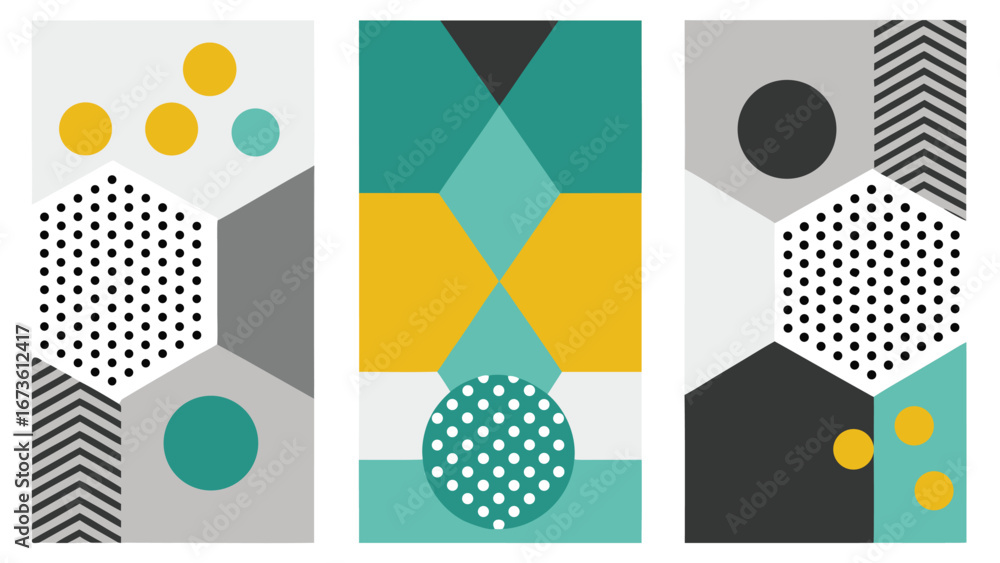 Poster three distinct banners adorned with geometric shapes and dots, showcasing a modern and artistic styl