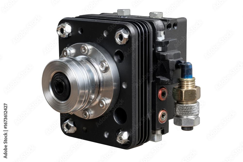 Poster High-precision peristaltic pump with a metal casing and multiple connection points, isolated on black. background removed