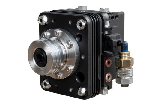 High-precision peristaltic pump with a metal casing and multiple connection points, isolated on black. background removed