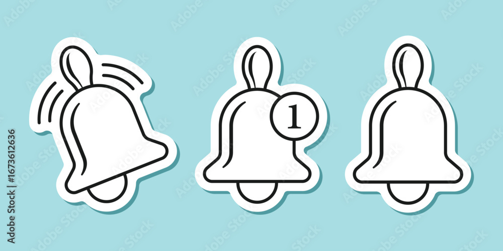 Poster notification bell sticker icon set in flat style. incoming inbox message vector illustration on isol