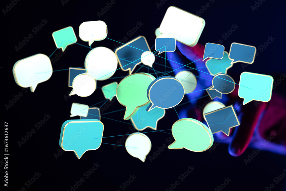 Poster abstract image of interconnected speech bubbles, symbolizing global communication and social media.