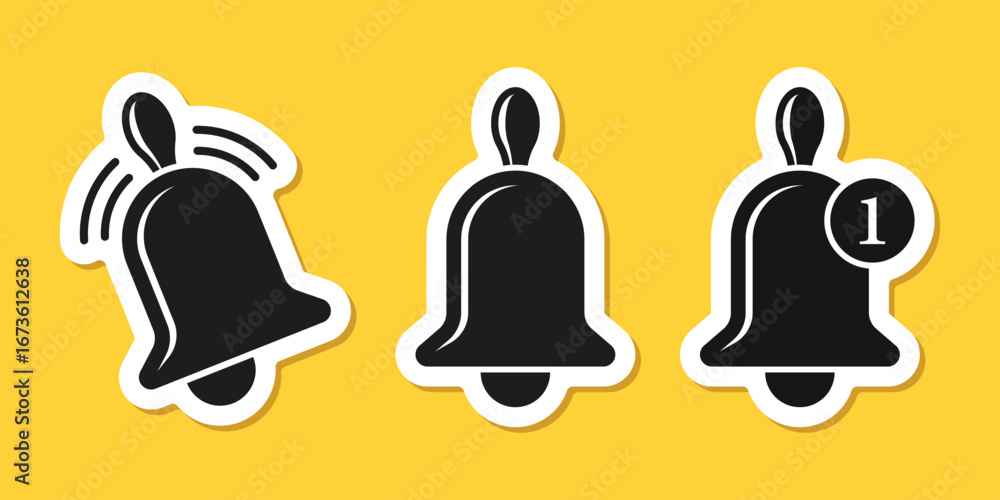 Poster notification bell sticker icon set in flat style. incoming inbox message vector illustration on isol