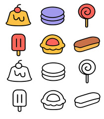 Cute flat design icons of various desserts and candies.
