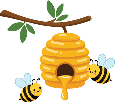 Happy bees near beehive with honey dripping from a branch vector