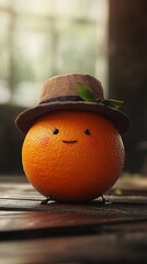Cartoon Orange Figurine With Straw Hat Smiling At Sunlight