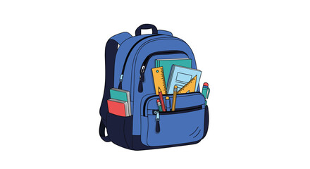 Fototapeta premium Ready for learning! A blue backpack packed with books, pencils, and rulers, perfect for students.