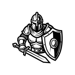 Black and White Knight with Sword and Shield Illustration