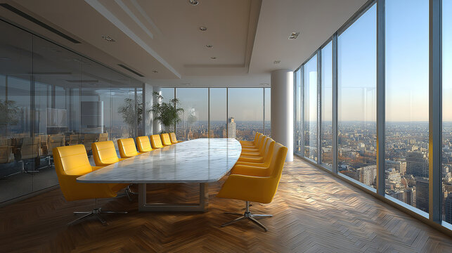 Sophisticated office interior with conference room large windows and impressive city panorama
