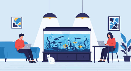 Creative professionals finding focus and calm while working remotely with a captivating aquarium backdrop