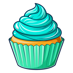 A delicious teal frosted cupcake with a yellow cake base isolated on white background isolated on transparent background