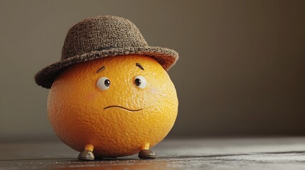 Cute Cartoon Orange Figurine With Straw Hat On Table