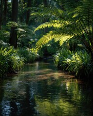 Lush foliage surrounding a tranquil stream
