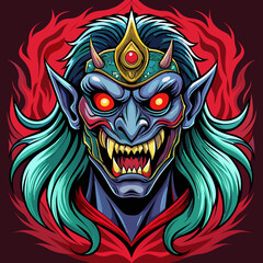 Fearsome blue demon with sharp teeth and glowing eyes isolated on transparent background isolated on white background