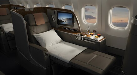 Luxurious airline business class seat fully reclined into a flat bed with a meal and window view.