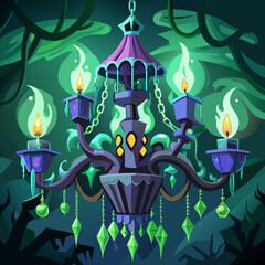 Gothic chandelier with a spooky skeleton companion in a dark enchanted forest isolated on white background isolated on transparent background