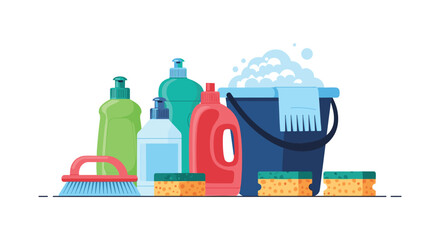 Sparkling clean home achieved with essential cleaning supplies and bubbly bucket, ready for chores