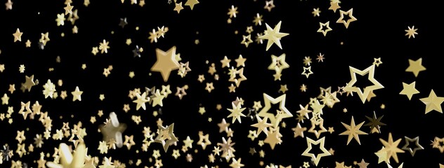 Beautiful image of golden stars falling against a black background. Perfect for celebration or festive designs.
