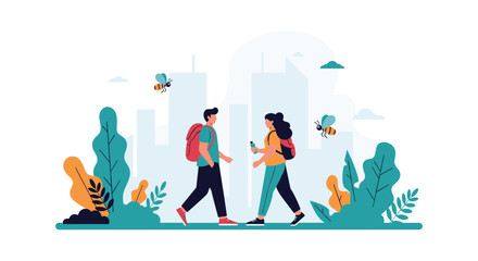 Obraz premium Young couple enjoys a city walk amidst nature with playful bees and modern architecture